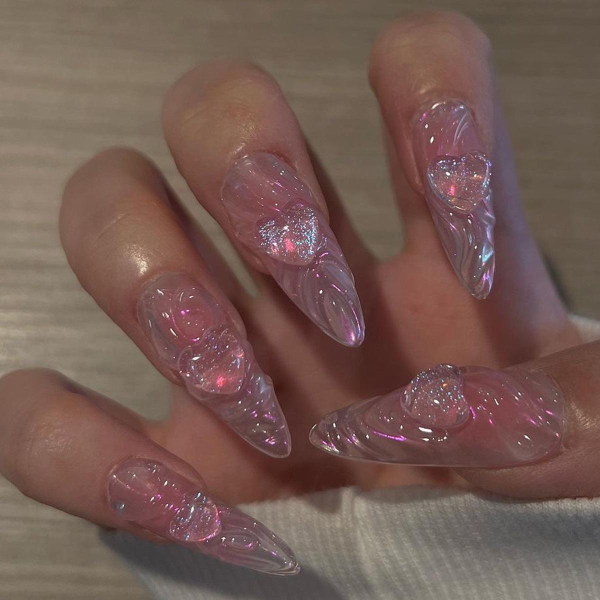

3D Stereo Wave Heart Aurora Short Pointed Wearable False Nails - Nail Art Tips JP2784 [Glue Included]
