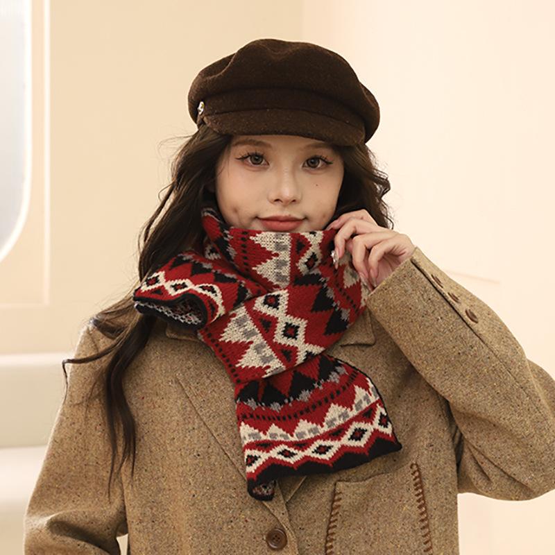 Winter Women'S Fair Island New Year Christmas Red Scarf Retro Versatile Warm Thick Knitted Cute Neck