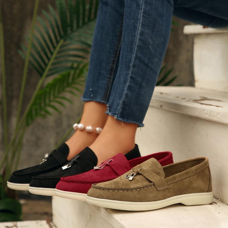 Fashion Retro Metal Buckle Loafer Plus Size 36-43 Casual Women's Single Shoe 2025 Autumn New Style Women Slip On Flat Lazy Bean Shoe