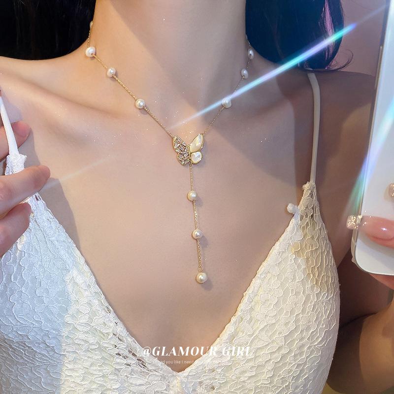 100% Natural Freshwater Pearl 14K Gold Filled Trendy Butterfly Shiny Crystal Female Pendant Necklace For Women Chains