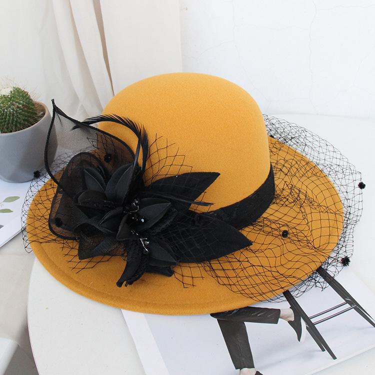 Autumn And Winter Hepburn Big-Brimmed Woolen Hat British Retro Felt Hat Mysterious Mesh Flower Banquet Top Hat