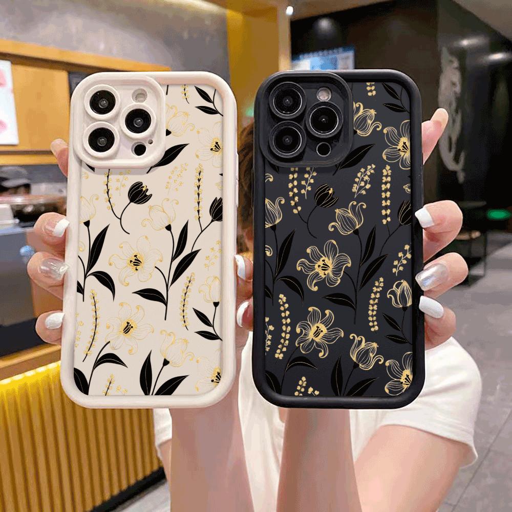 Gold Black Floral Pattern Phone Case for Xiaomi Redmi Note 14 13 12 11 10 9 8 7 Pro Shockproof Anti-Slip Soft TPU Cover