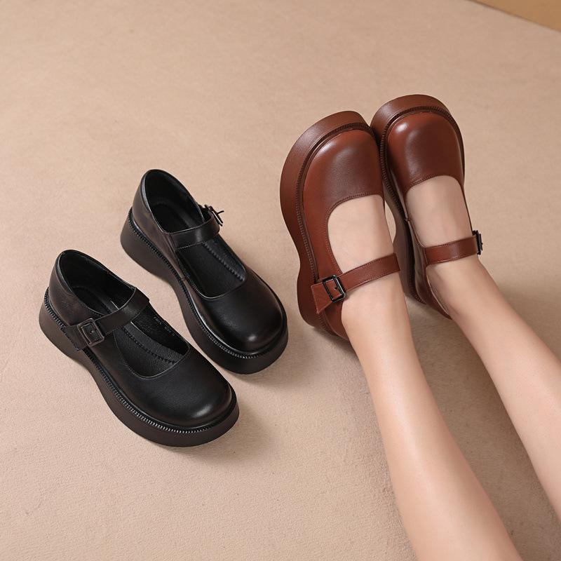 Fashion GKTINOO Women Shoes Flat Platform Cow Leather Mary Janes Round Toe Buckle Strap Ladies Daily Flat Shoes Handmade Large Size