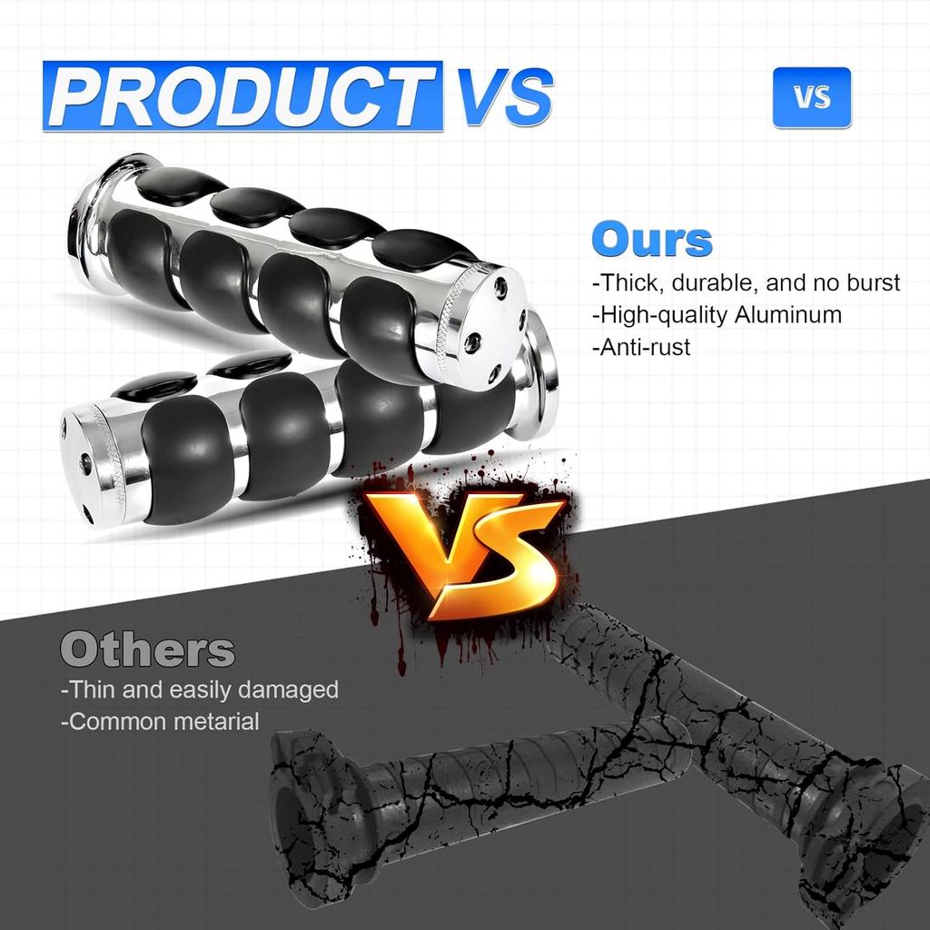 Motorcycle Handle Grips Universal 1'' Chrome Hand Grips with Anti-Slip Rubber Design and Throttle Assist Fit for Harley Yamaha Suzuki Honda Kawasaki
