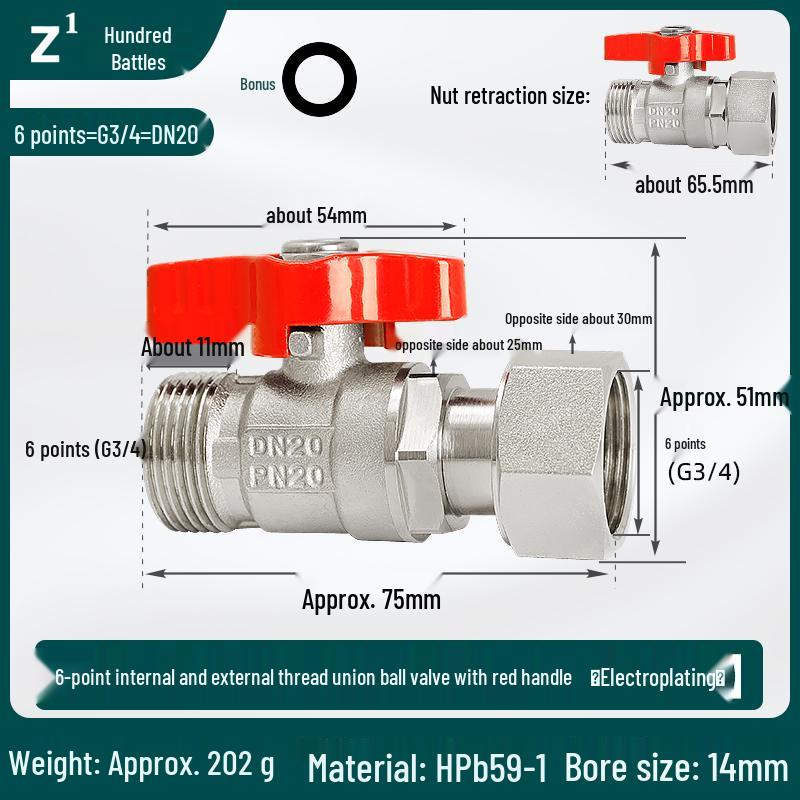 Full Copper Water Heater Union Ball Valve, Male/Female Thread, 6 to 4 Points Large Flow for Wall-Hung Boiler
