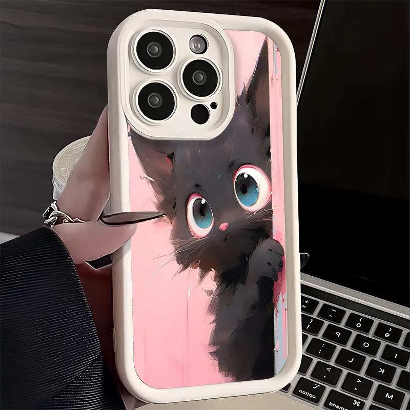 Phone Case for iPhone 17 Air 16E 15 16 Pro Max Black Cat Cartoon Cute Cover 14 Plus 13 12 Mini Soft Shell Silicone Fundas