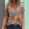 Summer Women's T-shirt Vintage Geometric Print Short Sleeve Tops Female Fashion Clothing V-Neck Oversized Pullover Daily Blouse