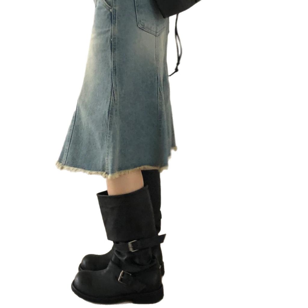 Zhang Yuanying Same Belt Buckle Stack Boots Women's Thick Heel Retro Old Medium Tube Boots Pleated Western Cowboy Knight Boots