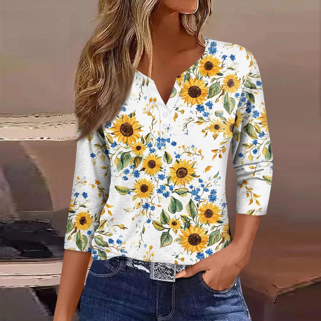 Women's Loose Casual Flower Print Seven Quarter Sleeved V-Neck Top Seven Quarter Sleeved V-Neck Top