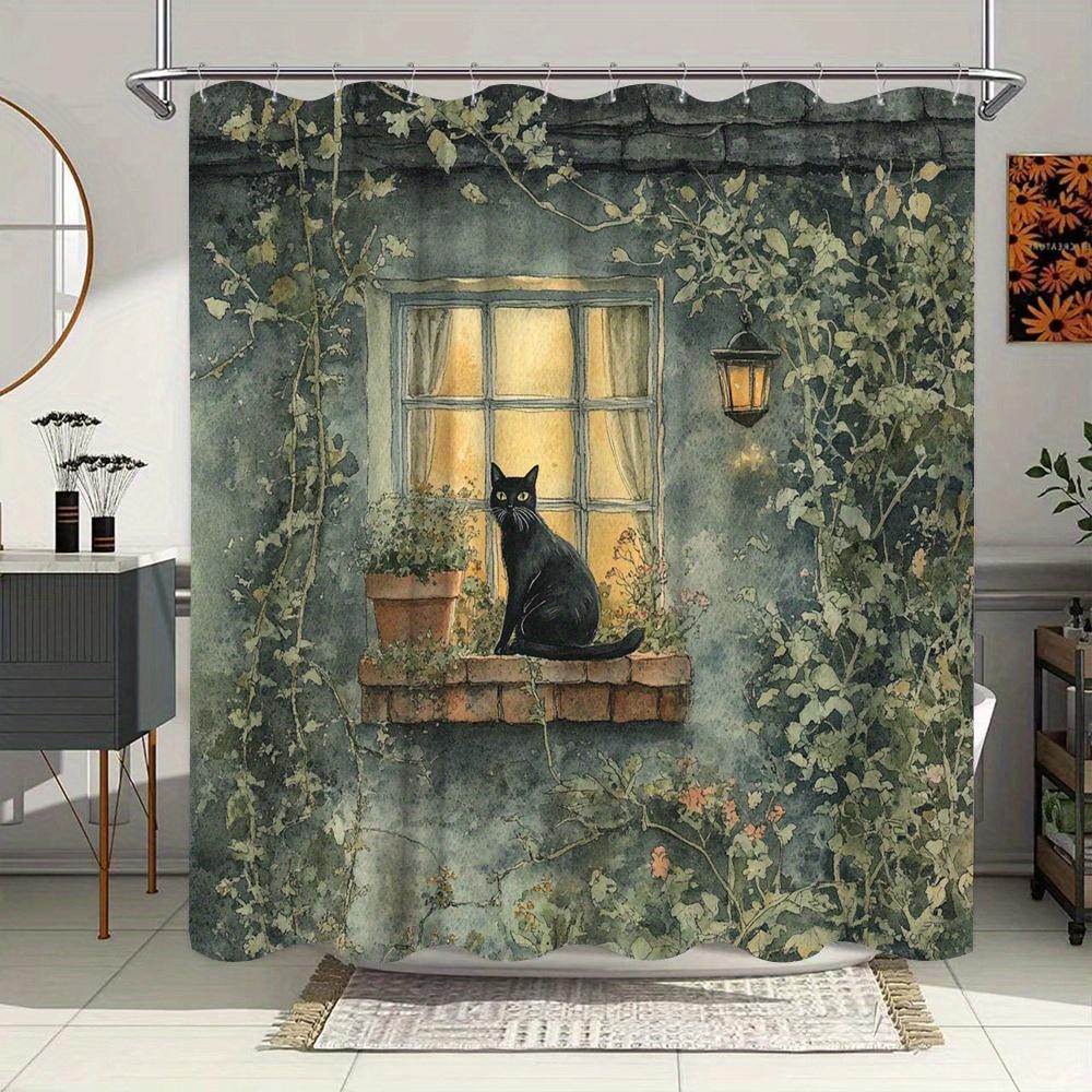 

1pc Watercolor Black Cat Shower Curtain - Rustic Charm Design with Potted Plants & Ivy, Polyester Fabric, 12 Hooks Included, 90x180cm