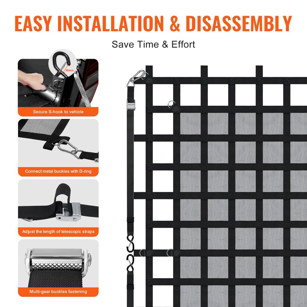 VEVOR Cargo Net, 96 In X 81 In, Heavy Duty Truck Cargo Net for Truck Bed, 4 Adjustable Straps with Carabiners & S-Hooks