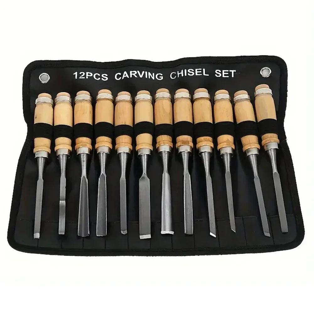 12PCS Wood Carving Hand Chisel Woodworking Lathe Gouges Tools Woodcarving Tools Set Carved Chisel Carving Knife Set 12pcs