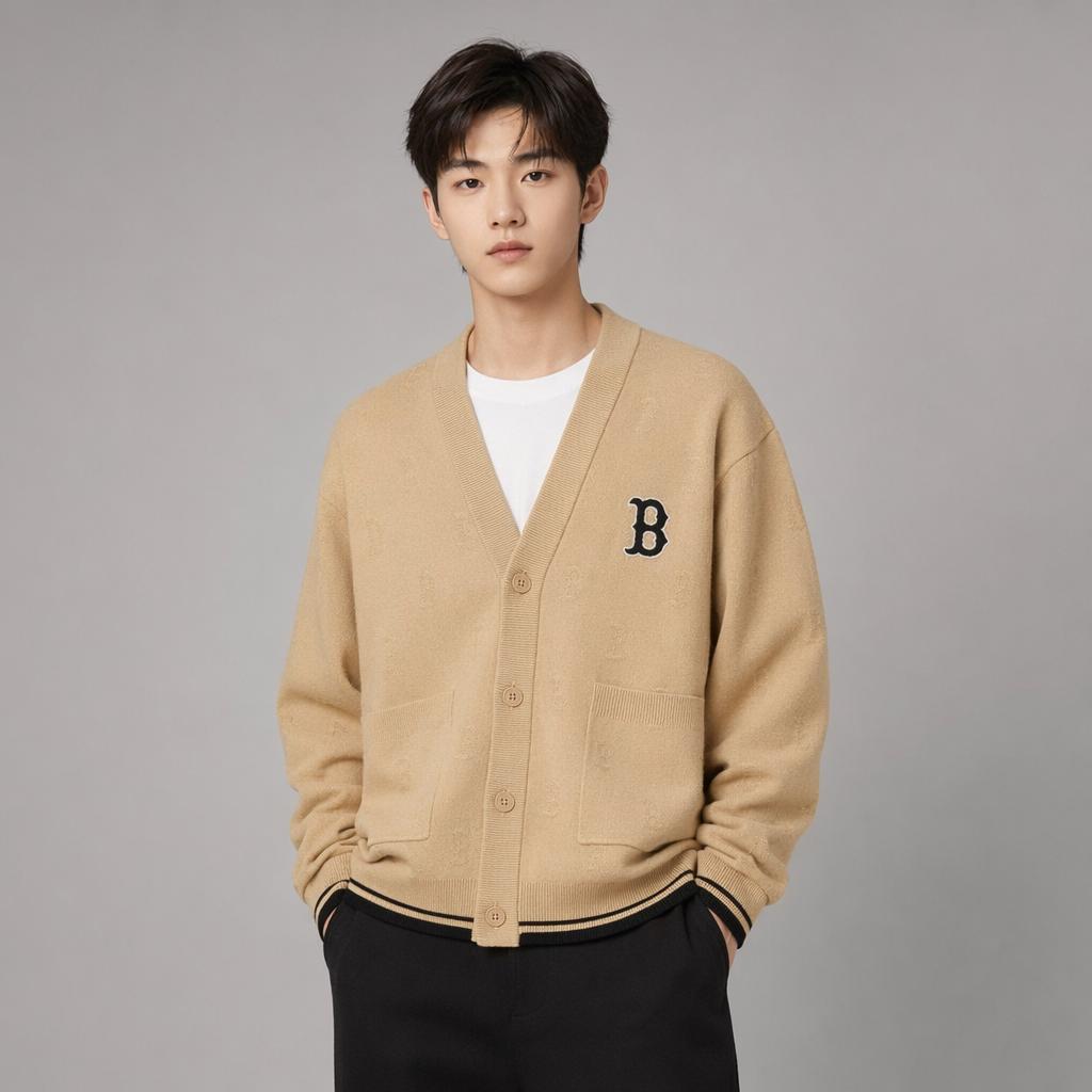 MLB Boston Red Sox Sports Lifestyle Series Single-Breasted V-Neck Long Sleeve Knit Sweater Unisex sweater Beige 3AKCM0251-43BGL