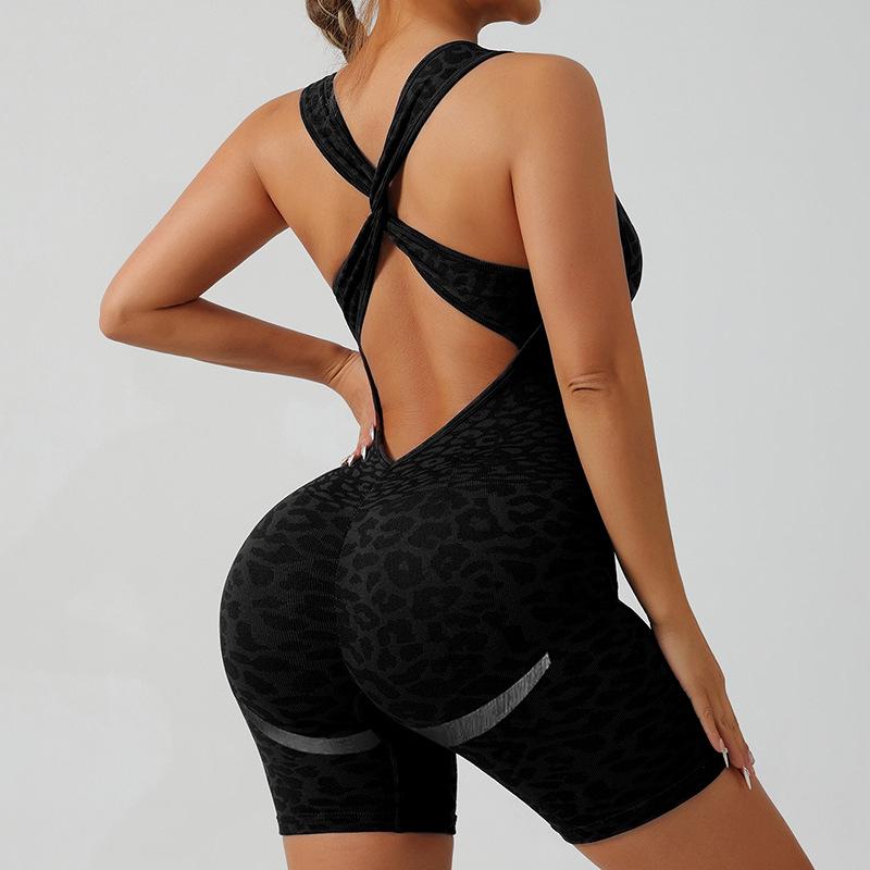 Leopard Print Backless Jumpsuit - Women s European Style Fitness & Yoga Wear L