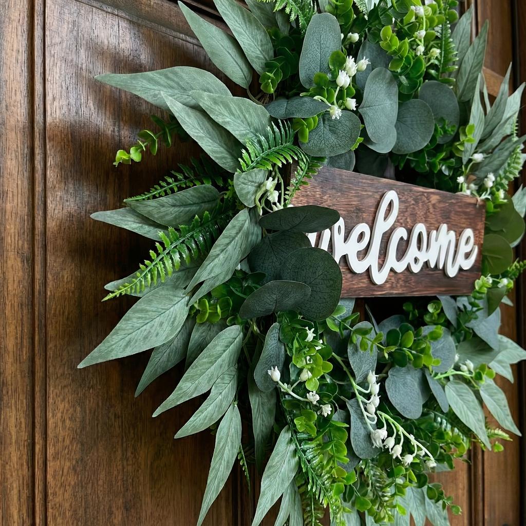 24 Inch Green Artificial Eucalyptus Wreath with Welcome Sign Spring Summer Wreath for Front Door Wall Window Farmhouse Festival