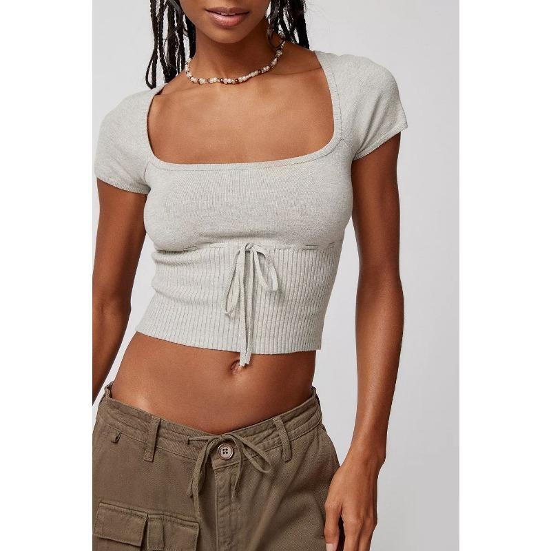 Women's Spice Girl Temperament Square Neck Short Sleeve Knit Short Sexy Lace Up Neckless Knit Top