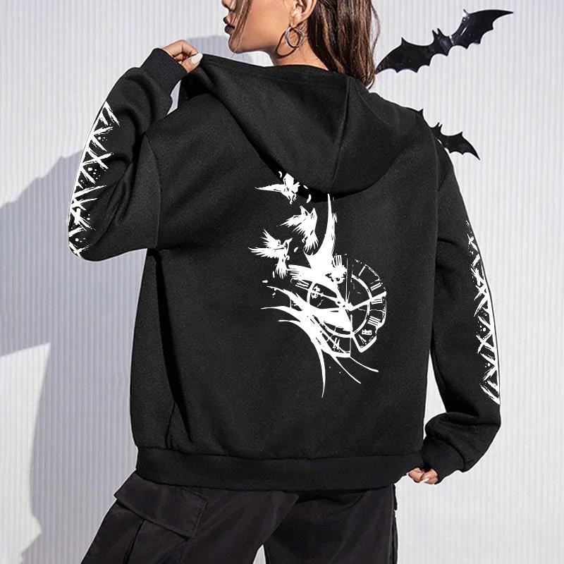 2026 Trendy Oversized Pullover Goth Y2k Winter Warm Women Hooded Sweatshirt Viking Raven Print Zipper Jacket Casual Streetwear