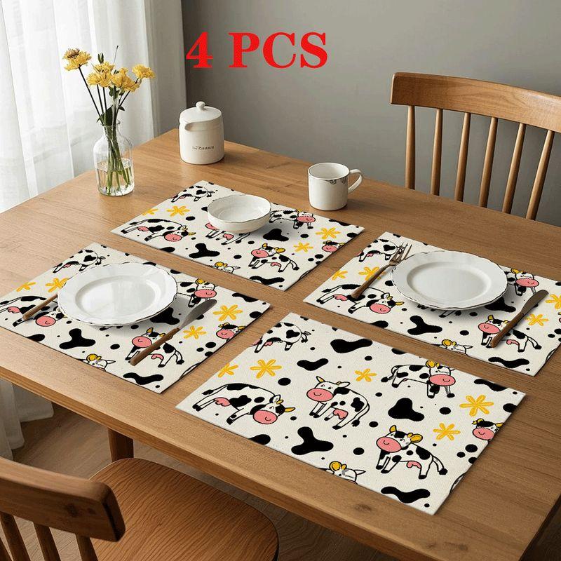 4pcs/6pcs Rectangular Cow Table Mats - Cow Print Placemats Suitable for Home,, Restaurants, Heat-Resistant Durable Fabric, Easy-to-Clean Cow-Themed Pa
