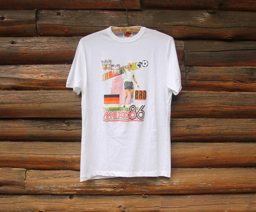 Vintage Germany 1986 Mexico Football World Cup Soccer Ringer White Single Stitch T-Shirt Adult Size Large