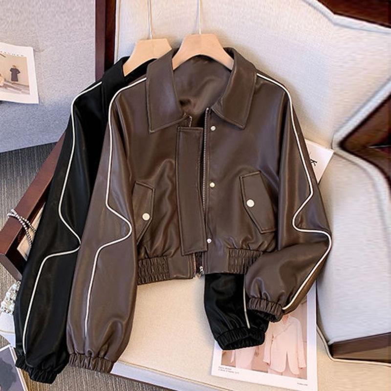 Leather Jacket Women's Short Spring and Autumn New Style Loose and Versatile Motorcycle Leather Jacket