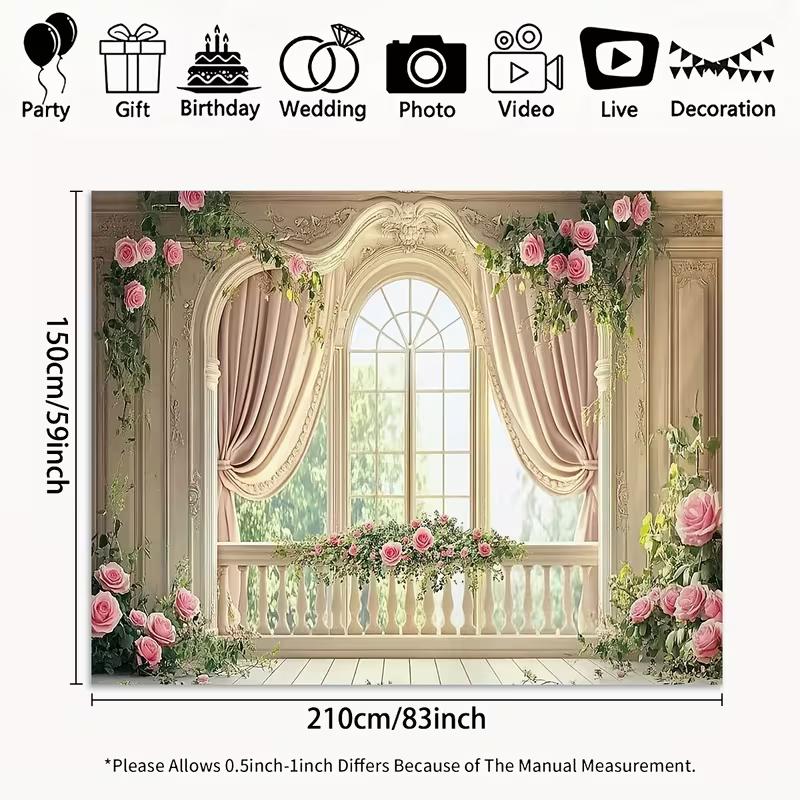 2D Romantic Balcony Backdrop Ornate European Window with Pink Roses Photography Background