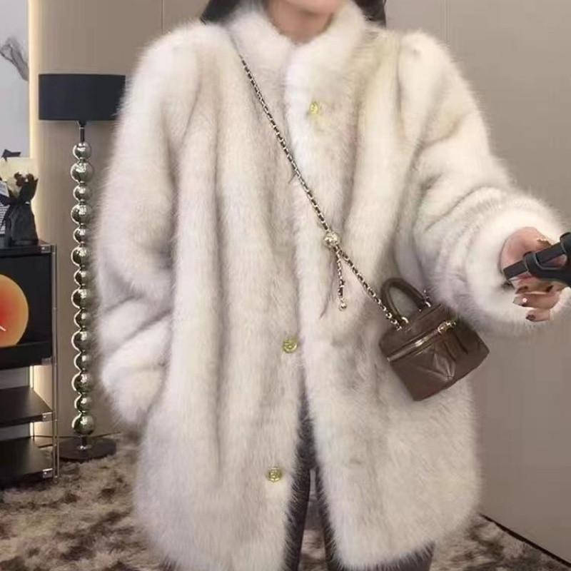 Department Imitation Fox Fur Environmentally Friendly Fur Medium and Long Winter New 2024 Fur Stand-up Collar Jacket Loose Coat