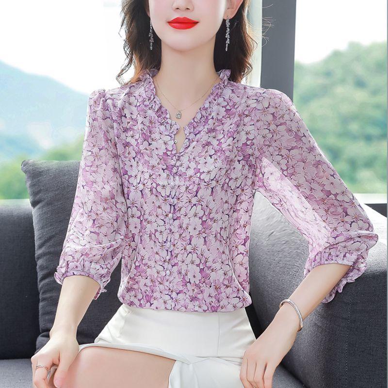 Dámská šifonová košile s květinovým potiskem, letní novinka s tříčtvrtečním rukávem, módní volný top s výstřihem do V, M-5XL