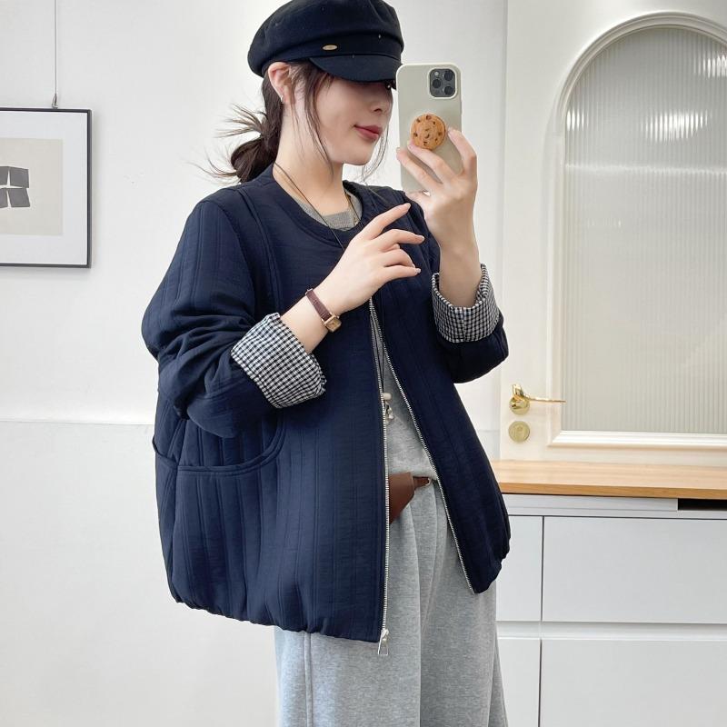 Women S Plus Size Long Sleeve Round Neck Zipper Cotton Padded Coat