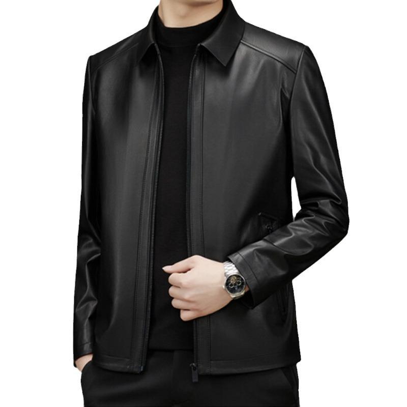 Men's Calfskin Leather Leather Jacket Spring and Autumn Middle-aged Business Casual Lapel Leather Jacket Jacket