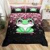 Kawaii Frog Duvet Cover Cute Frog Bedding Set For Boys Girl Blossom Flowers Floral Comforter Cover Cartoon Farm Animal Bed Cover