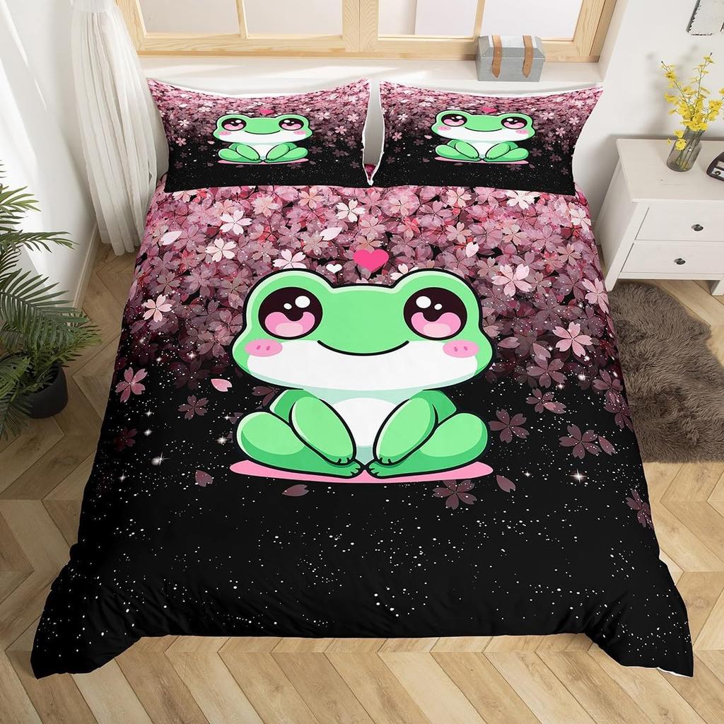 Kawaii Frog Duvet Cover Cute Frog Bedding Set For Boys Girl Blossom Flowers Floral Comforter Cover Cartoon Farm Animal Bed Cover