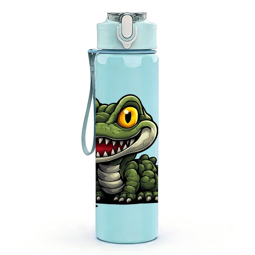 1PC Green Crocodile Wild Animal Pattern 750ml Color Plastic Sports Water Bottle Leakproof Flip Straw Lid Suitable for Sports Office Home Use