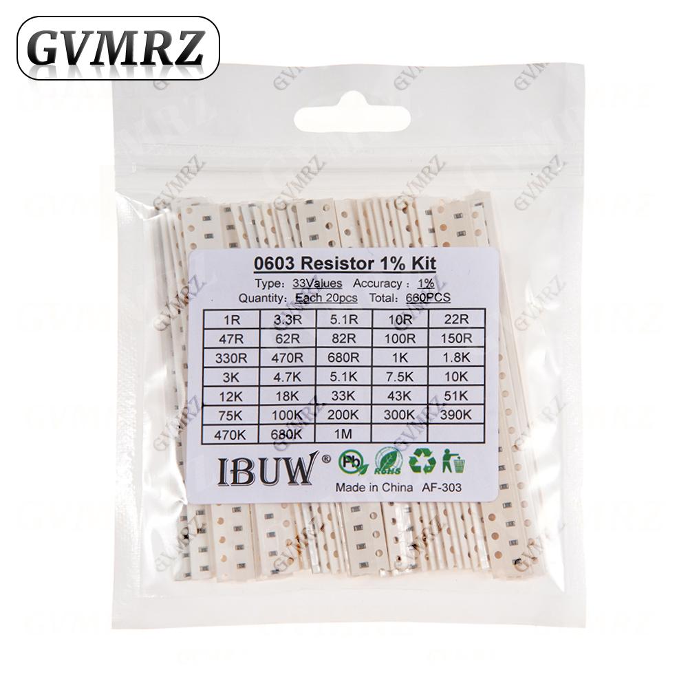 

0201 0402 0603 0805 1206 1% 5% SMD Resistor Assorted Kit 1R-1M 10K 100K 1K 100R Resistance Set DIY 1R00 0R82 0R47 0R33 0603 33ValuesX20PCS