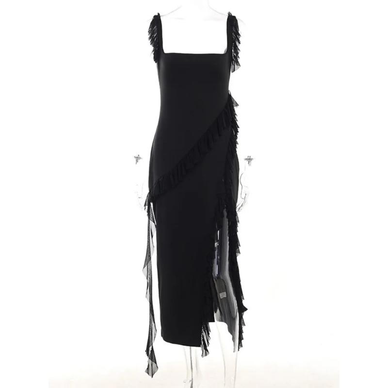 Women's Ruffle Edge Long Skirt Sleeveless Skirt Solid Color High Split Party Cocktail Evening Dress Summer Y2k Clothing