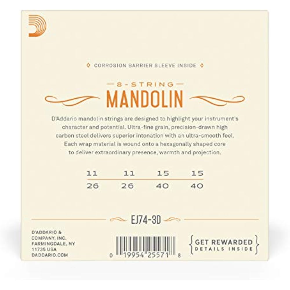 D'Addario Daddario Mandolin Strings Phosphor Bronze Medium .011-.040 EJ74-3D 3 Set Pack [Domestic...