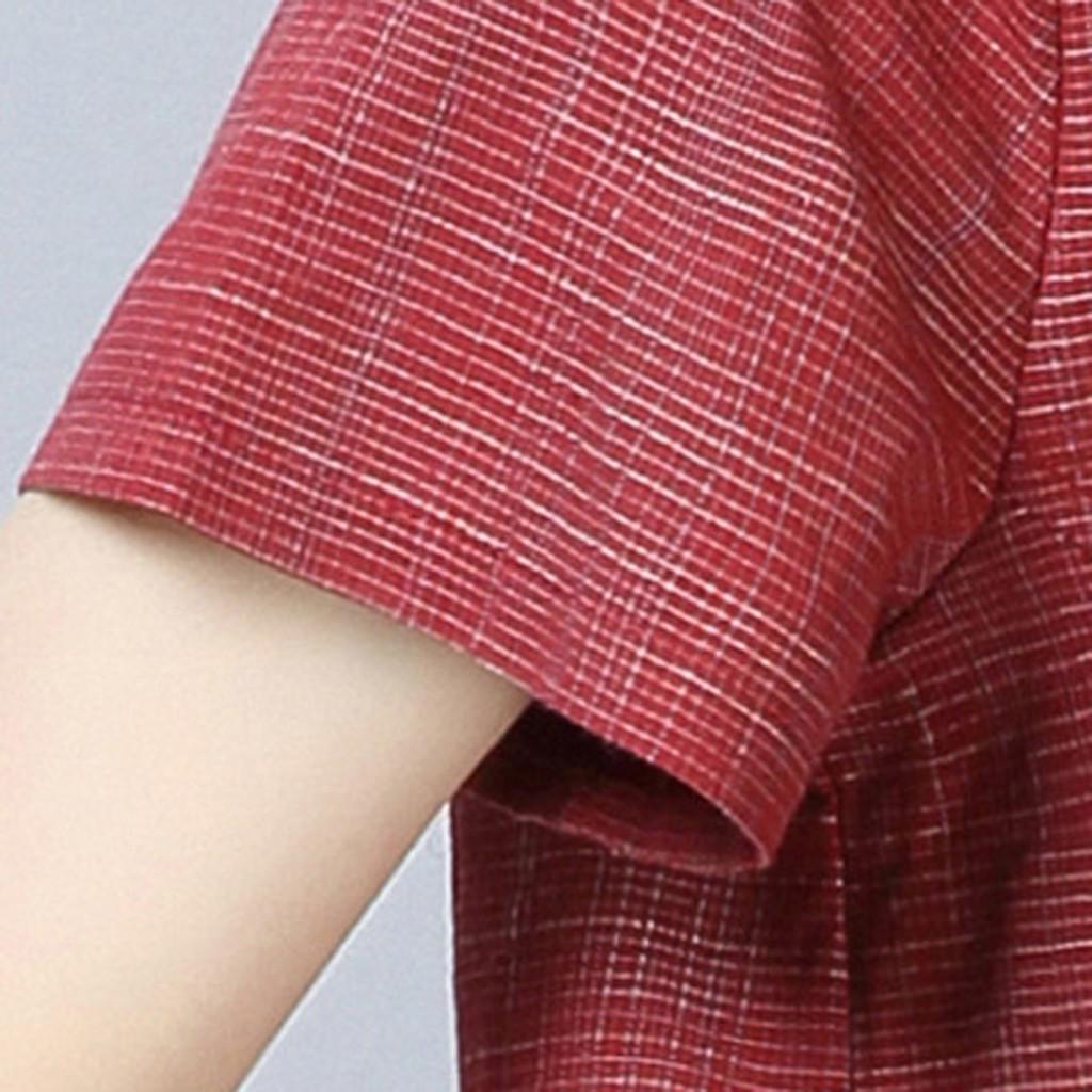 Women Patchwork Cotton Linen Short-sleeved Solid Top T-Shirt