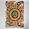 Vintage Metal Sign with Peace Symbol, Trees & Colorful Guitars, Musical Notes - 1960s Counterculture Peace & Music Art for Home