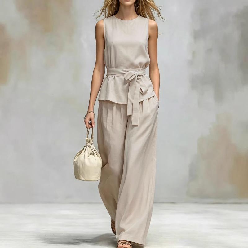 QICED Women's Sleeveless Round Neck Fashion Casual Pants Suits Casual Chic