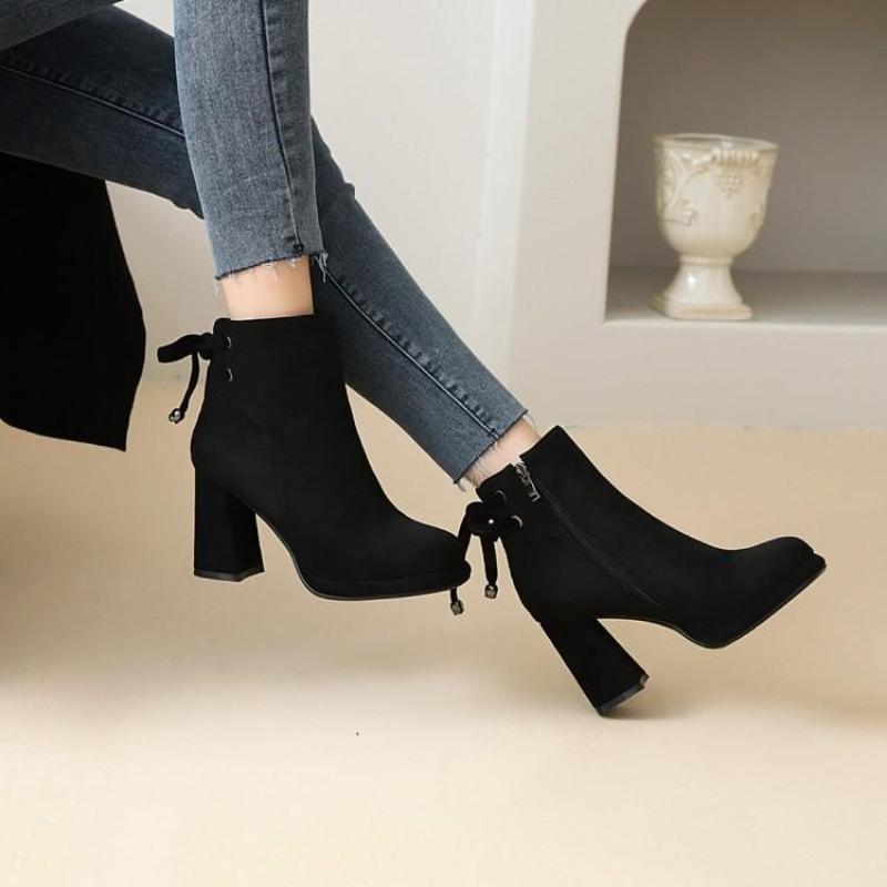 Booties Women Fall Winter 2025 New Round Toe Bow Side Zipper British Style Platform Heels