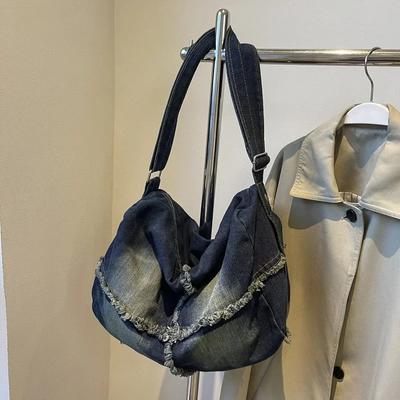 Tašky Tote s veľkou kapacitou v jednoduchej farbe v kórejskom retro štýle, džínsová taška cez rameno pre ženy na dochádzanie do práce, módna jednoduchá plisovaná crossbody taška