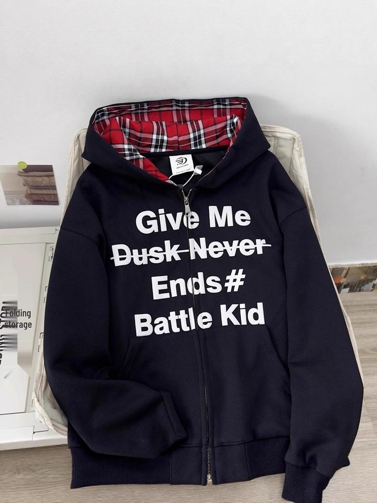 Unisex Heavyweight Faux Two-Piece Plaid Patchwork Hooded Sweatshirt: Spring/Autumn Versatile Trendy Couple Style Cardigan Jacket