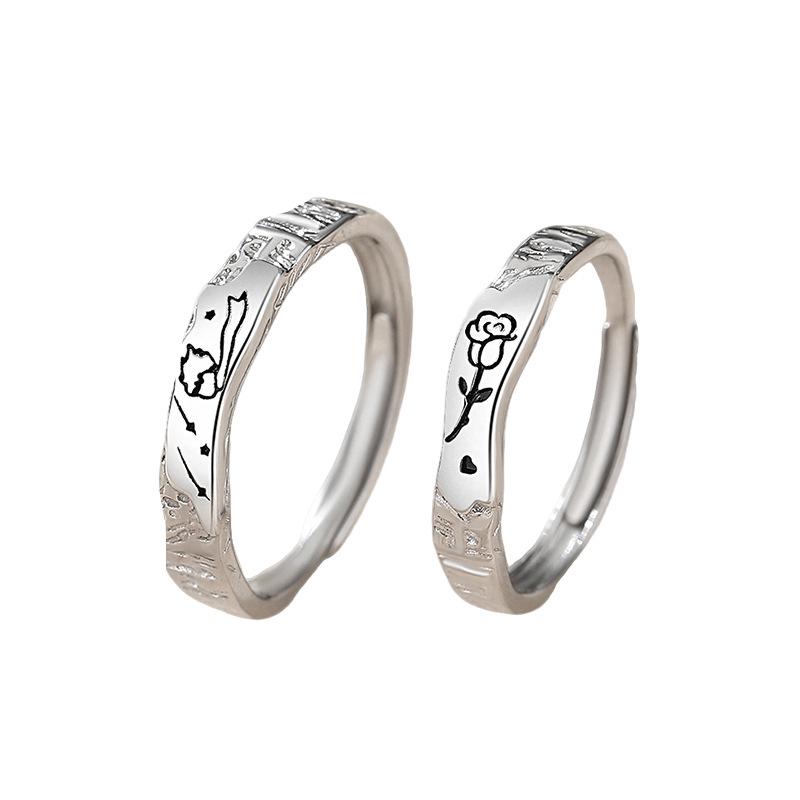 Kleiner Prinz & Rose Sterling Silber 999 Partnerringe - Koreanischer Stil, Hochwertige gehammerte Textur, Verstellbar.