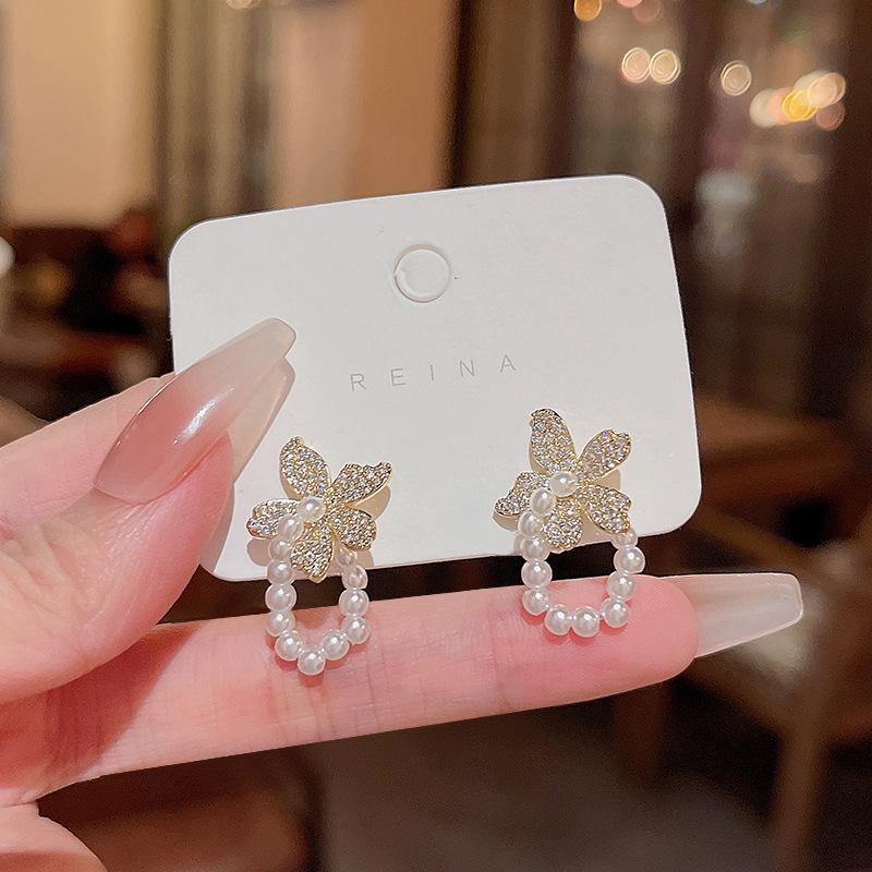 Sterling Silver Bow Gardenia Stud Earrings - Light Luxury Korean Style