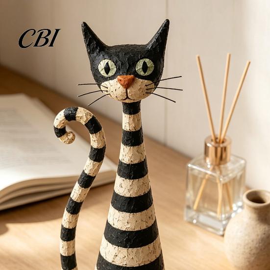 Unique Gifts for Cat Lovers 2Pcs Vintage Lady And Sculptures Set, Resin Striped Figurine, Retro Elegant Desktop Decorations Statue with Polka