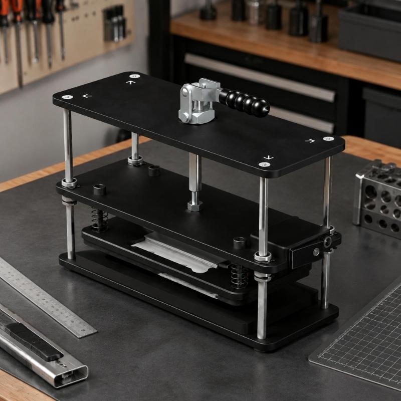 Heating Press Machine with Layered Work Platform, Guide Posts, Spring Supports and Top Adjustment Handle for Phone Stand and Rear Cover Repair