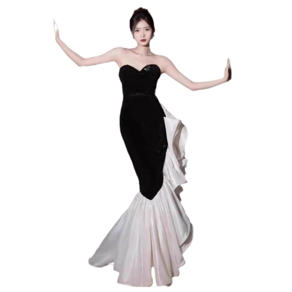 Tube Top Evening Dress Dress High-end Light Luxury Niche High-end Sense Black Sequin Fishtail Design Sense Annual Meeting Dress Women