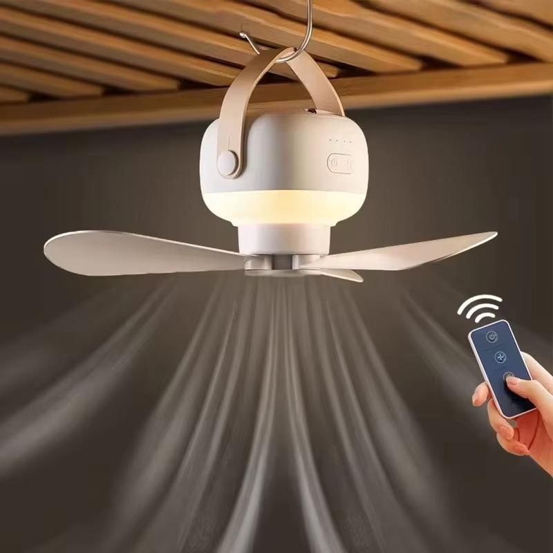 Rechargeable Outdoor Camping Fan - Portable Ceiling Tent Ventilator Cooler Electric Fan with Remote Control and LED Lighting