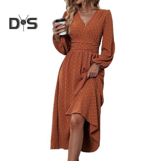 Women Spring Fall Dress V Neck Slim Waist Long Bubble Sleeves A-line Pleated MId-calf Length Flowy Dress Prom Party Dating Midi Dress