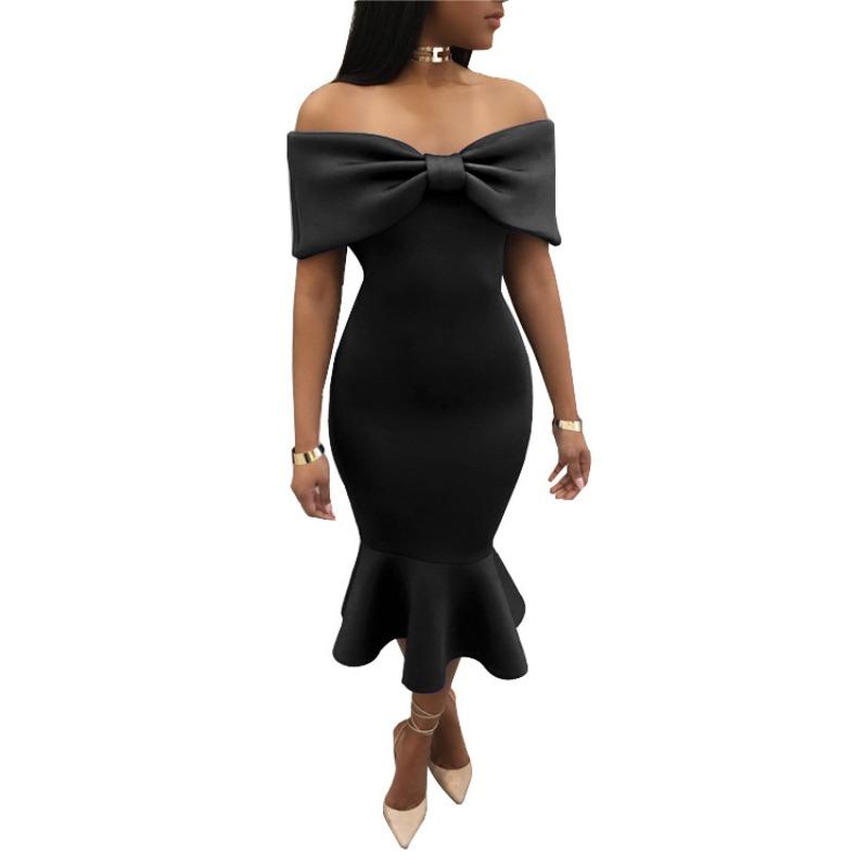 Evening dress temperament chest wrap bow fishtail dress autumn new women's clothing