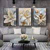 3pcs Elegant Golden Floral Canvas Art Prints - Frameless, 2D Wall Decor for Living Room or Kitchen, Luxurious White & Golden De